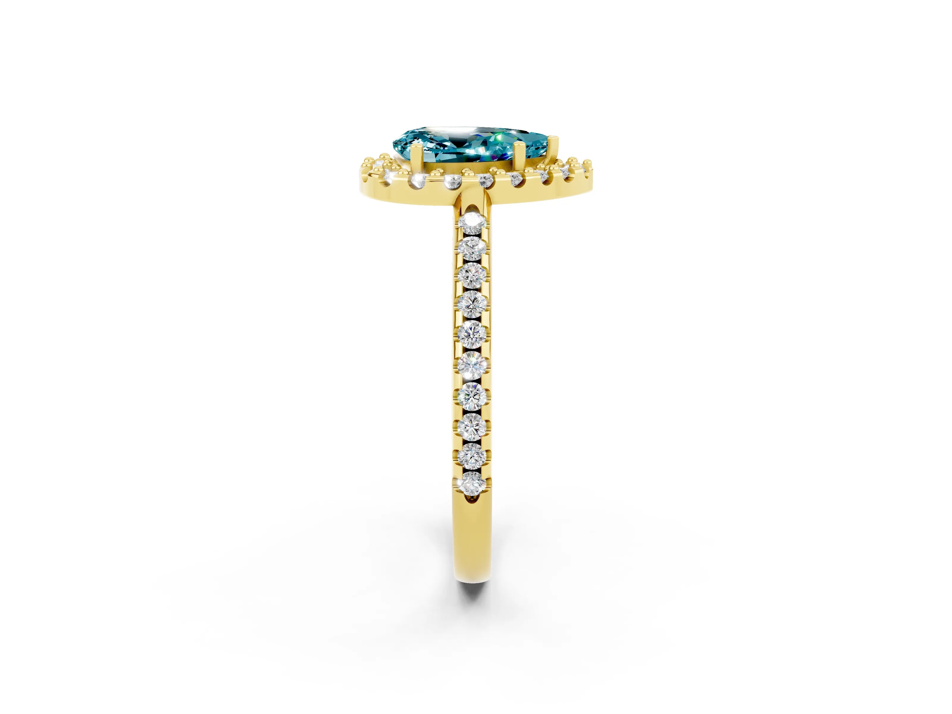 Yellow gold Pear Cut Blue Topaz Pavé Halo Ring with Four-Prong Setting_14