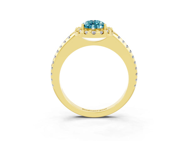Yellow gold Pear Cut Blue Topaz Pavé Halo Ring with Four-Prong Setting