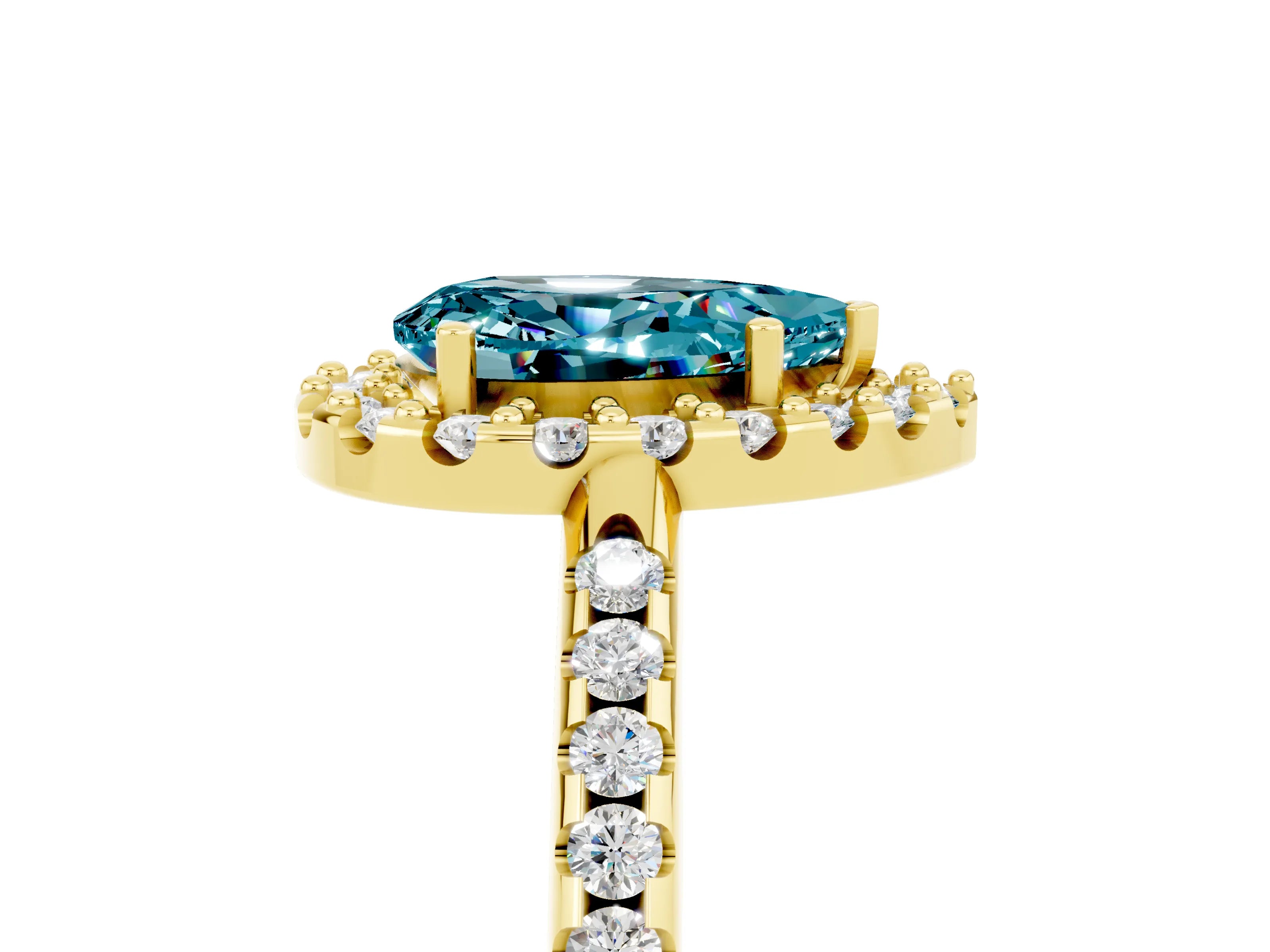 Yellow gold Pear Cut Blue Topaz Pavé Halo Ring with Four-Prong Setting_17