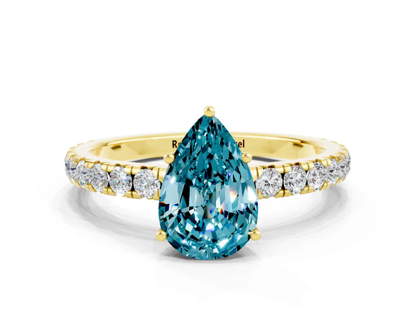 Yellow gold Pear Cut Blue Topaz Pavé Solitaire Engagement Ring with Four-Prong Setting