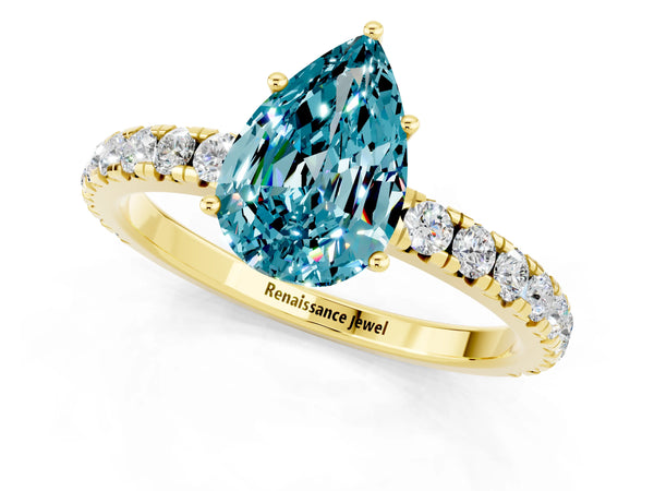 Yellow gold Pear Cut Blue Topaz Pavé Solitaire Engagement Ring with Four-Prong Setting