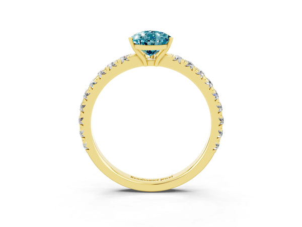 Yellow gold Pear Cut Blue Topaz Pavé Solitaire Engagement Ring with Four-Prong Setting