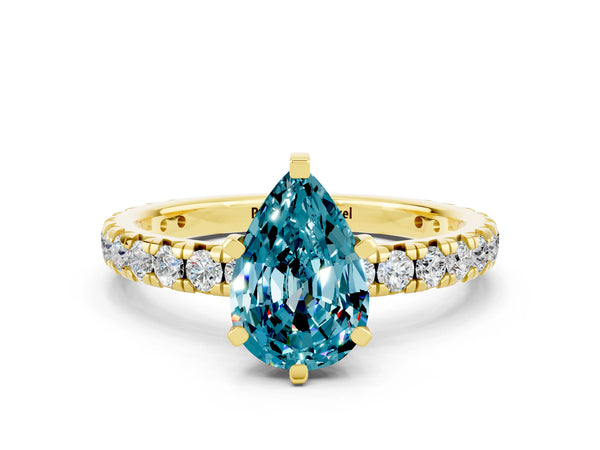 Yellow gold Pear Cut Blue Topaz Pavé Solitaire Ring with Round Band and Prong Setting