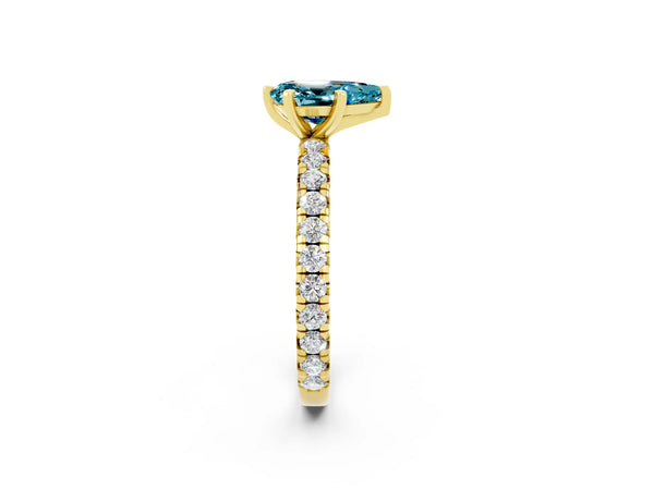 Yellow gold Pear Cut Blue Topaz Pavé Solitaire Ring with Round Band and Prong Setting