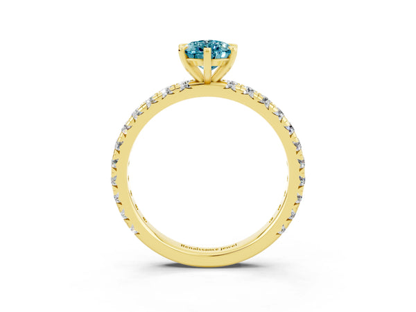 Yellow gold Pear Cut Blue Topaz Pavé Solitaire Ring with Round Band and Prong Setting
