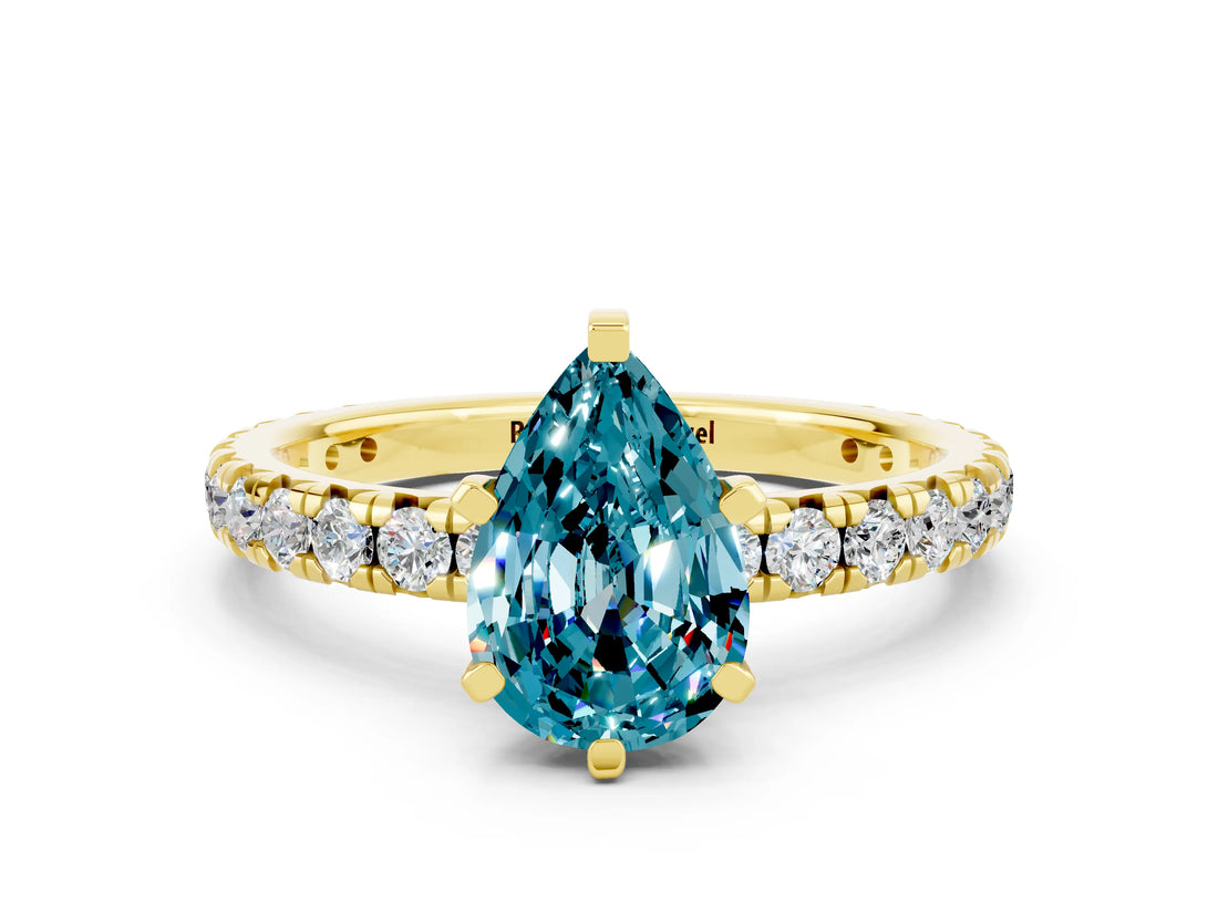 Yellow gold Pear Cut Blue Topaz Pavé Solitaire Ring with Round Band and Prong Setting_24