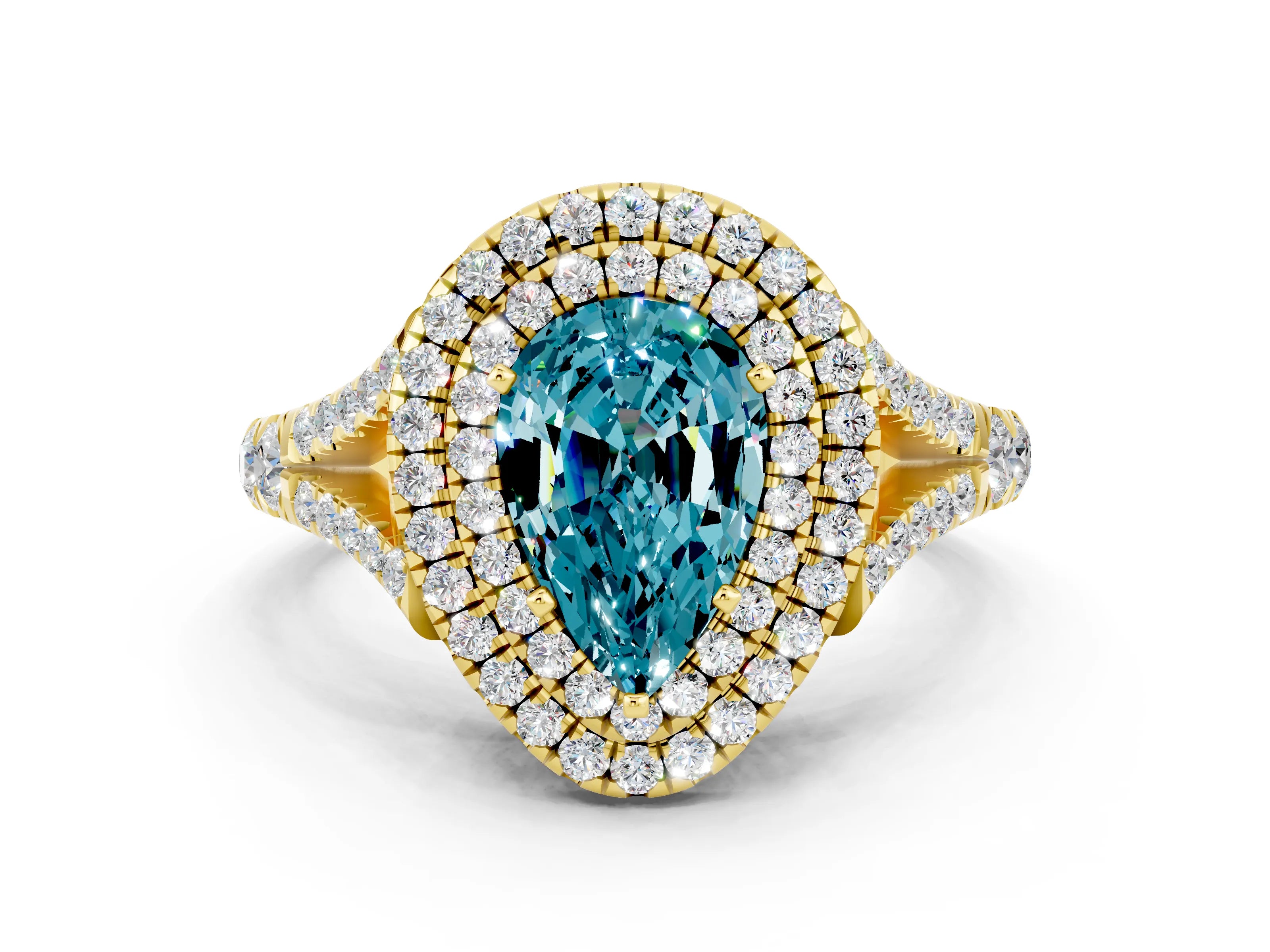 Yellow gold Pear Cut Blue Topaz Pavé Split Shank Double Halo Engagement Ring