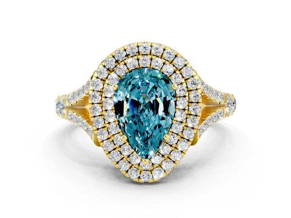Yellow gold Pear Cut Blue Topaz Pavé Split Shank Double Halo Engagement Ring
