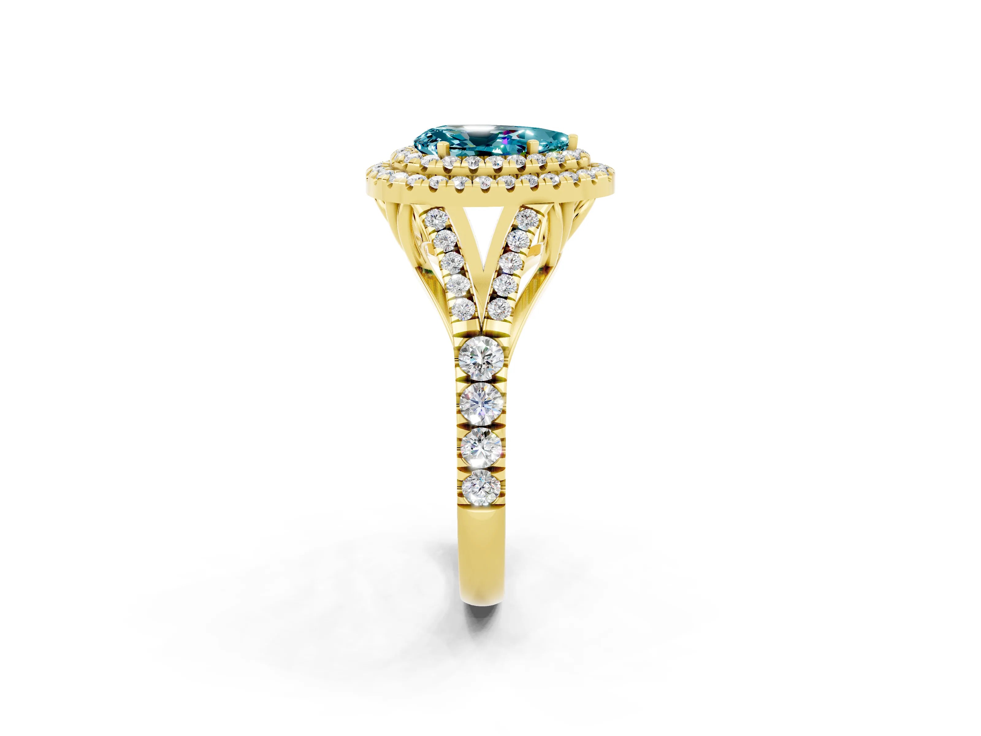 Yellow gold Pear Cut Blue Topaz Pavé Split Shank Double Halo Engagement Ring_2
