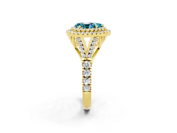 Yellow gold Pear Cut Blue Topaz Pavé Split Shank Double Halo Engagement Ring
