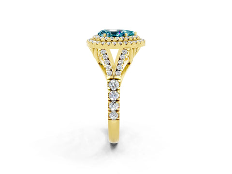Yellow gold Pear Cut Blue Topaz Pavé Split Shank Double Halo Engagement Ring_2