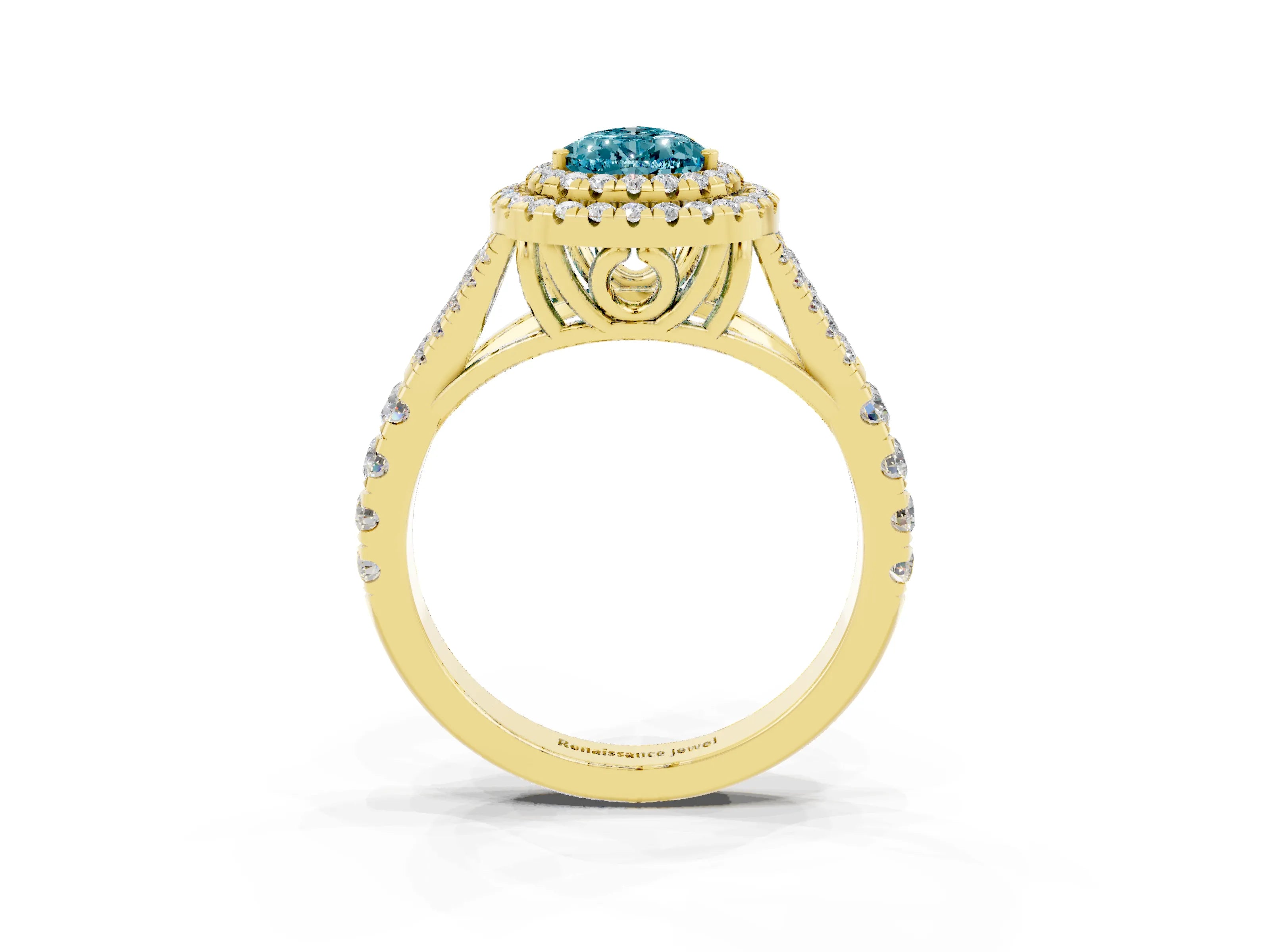 Yellow gold Pear Cut Blue Topaz Pavé Split Shank Double Halo Engagement Ring_3