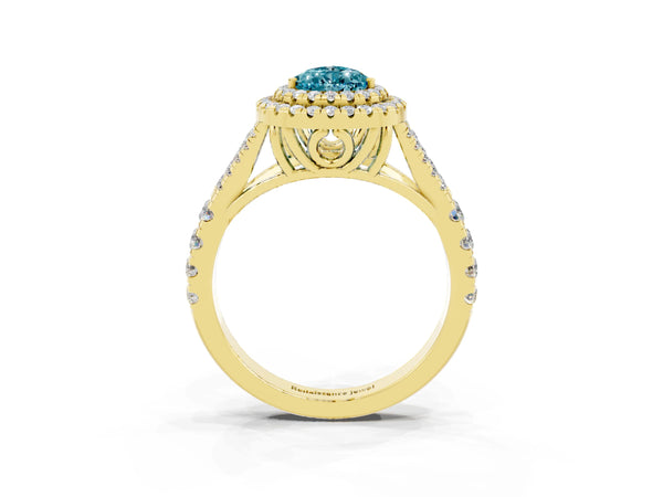 Yellow gold Pear Cut Blue Topaz Pavé Split Shank Double Halo Engagement Ring