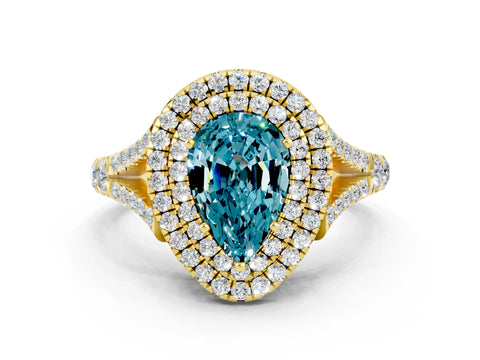 Yellow gold Pear Cut Blue Topaz Pavé Split Shank Double Halo Engagement Ring