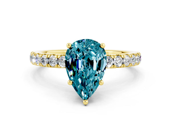 Yellow gold Pear Cut Blue Topaz Pave Band Solitaire Ring with Round  and Prong Setting