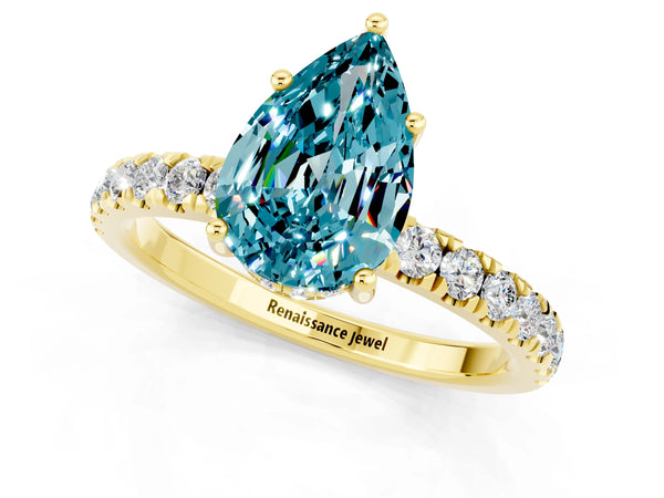 Yellow gold Pear Cut Blue Topaz Pave Band Solitaire Ring with Round  and Prong Setting