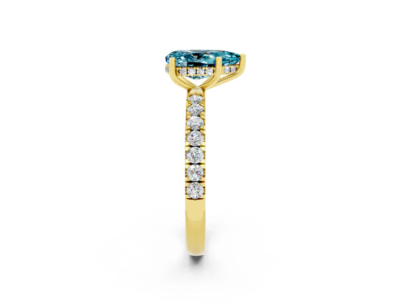 Yellow gold Pear Cut Blue Topaz Pave Band Solitaire Ring with Round  and Prong Setting