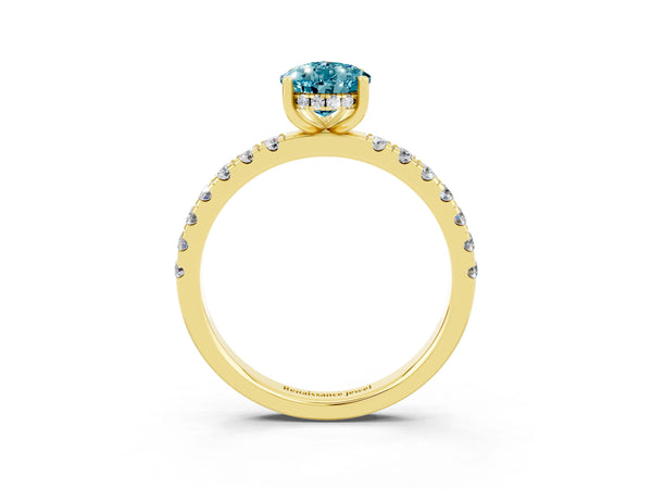 Yellow gold Pear Cut Blue Topaz Pave Band Solitaire Ring with Round  and Prong Setting