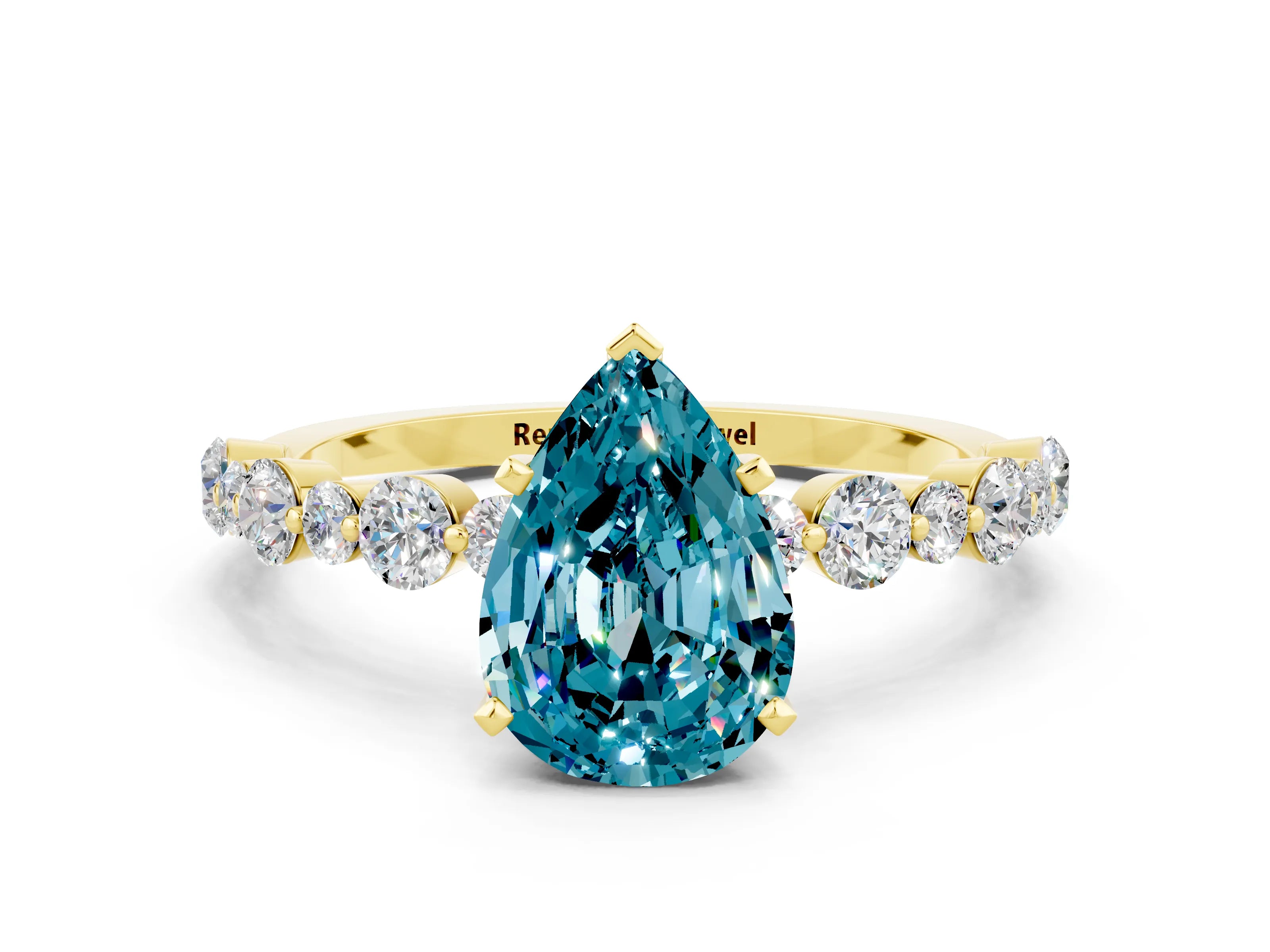 Yellow gold Pear Cut Blue Topaz Prong Set Engagement Ring with Pavé Band