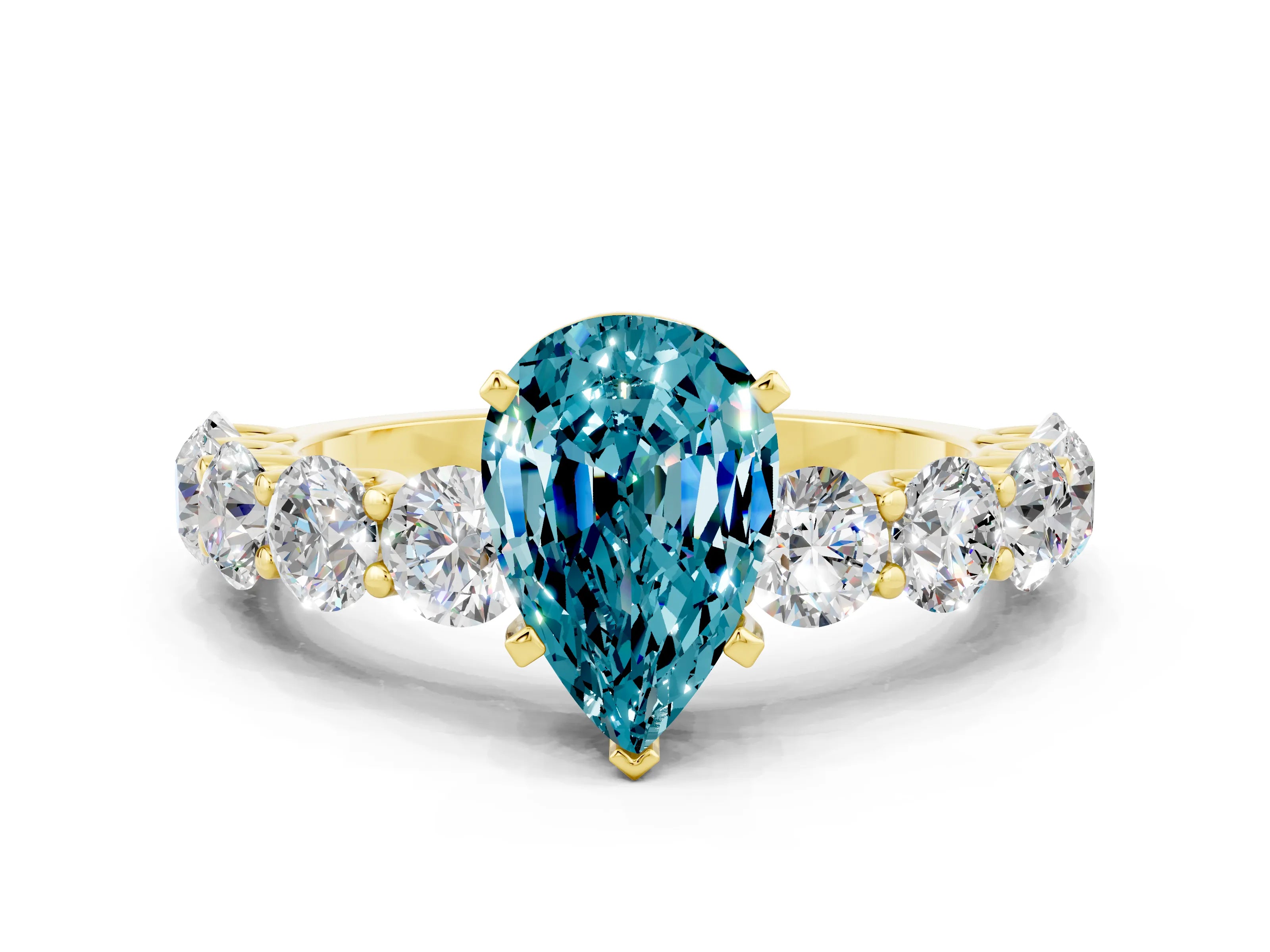 Yellow gold Pear Cut Blue Topaz Prong Setting with Side Stones on a Pave Band