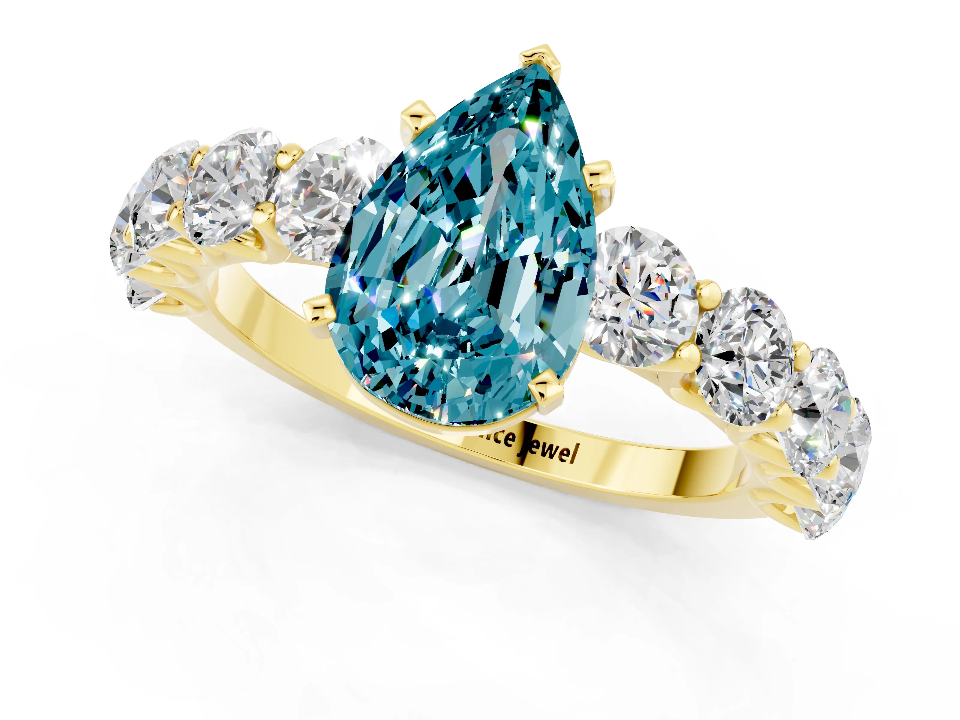 Yellow gold Pear Cut Blue Topaz Prong Setting with Side Stones on a Pave Band_1