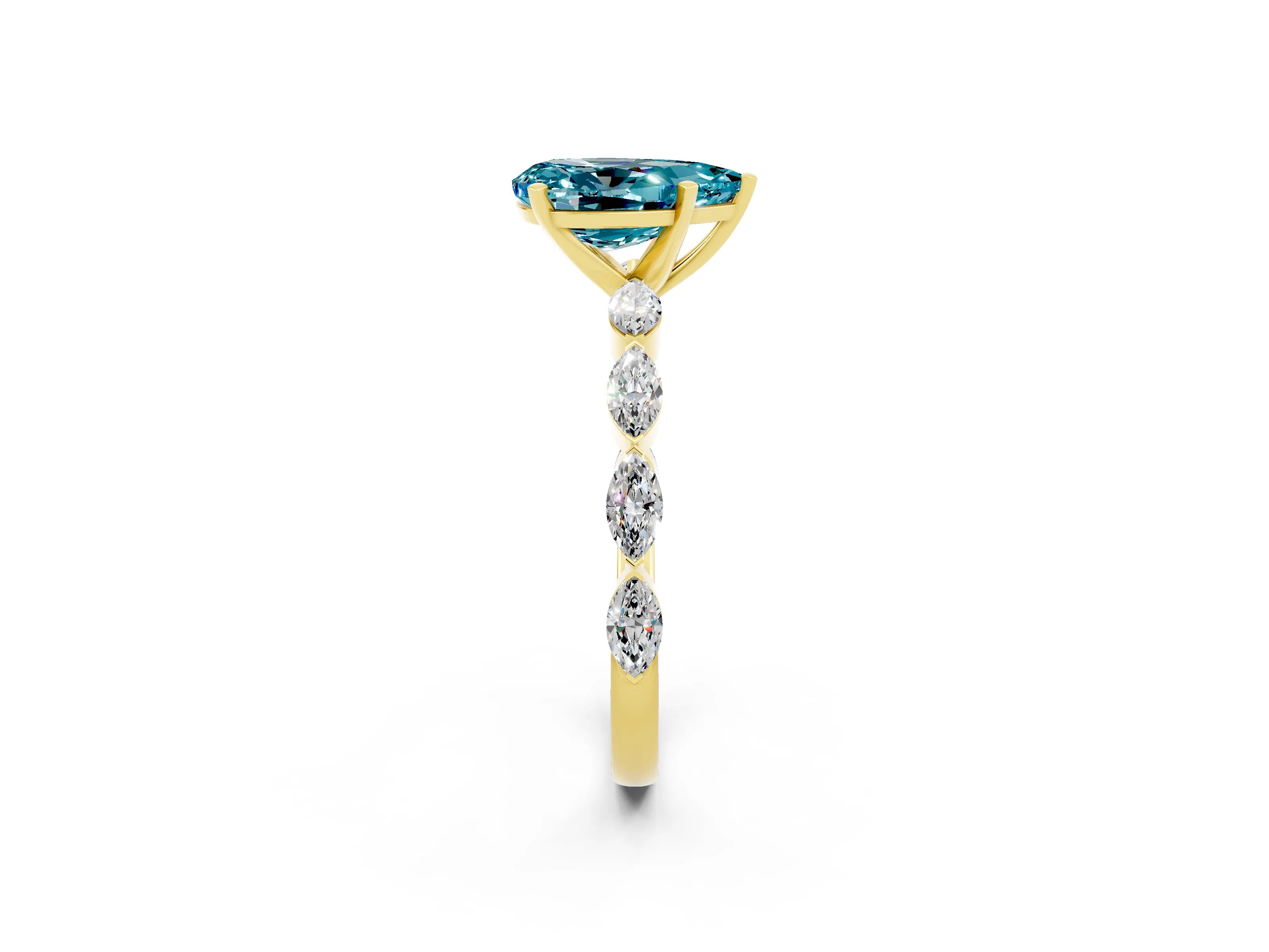 Yellow gold Pear Cut Blue Topaz Ring with Marquise Side Stones and Prong Setting_2