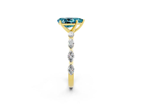 Yellow gold Pear Cut Blue Topaz Ring with Marquise Side Stones and Prong Setting_2