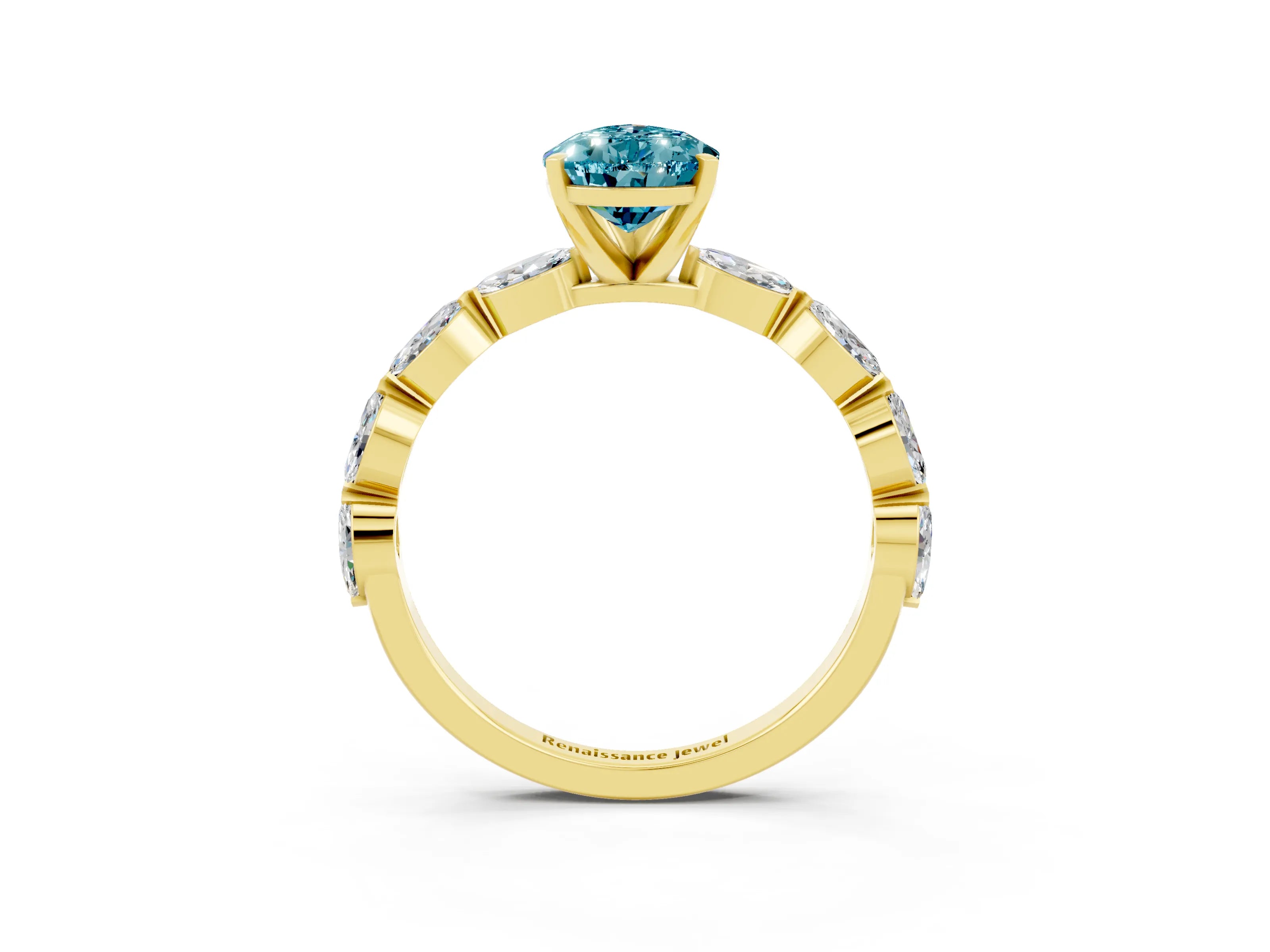 Yellow gold Pear Cut Blue Topaz Ring with Marquise Side Stones and Prong Setting_3