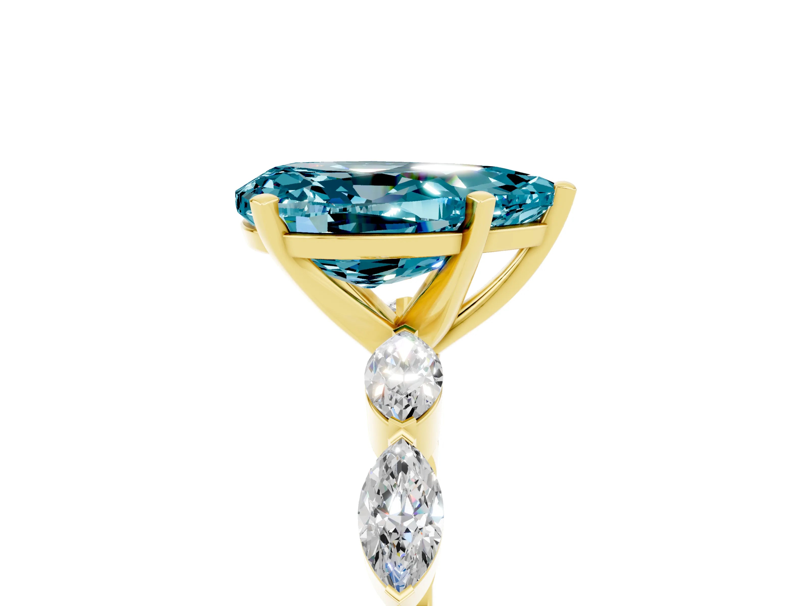 Yellow gold Pear Cut Blue Topaz Ring with Marquise Side Stones and Prong Setting_5