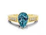 Yellow gold Pear Cut Blue Topaz Ring with Milgrain Pavé Band and Four-Prong Setting_12