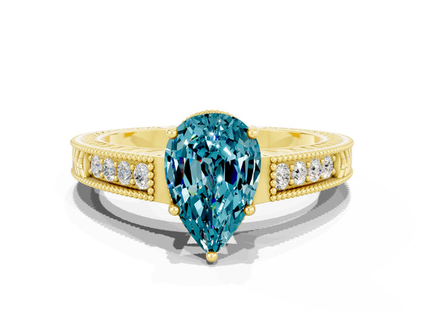 Yellow gold Pear Cut Blue Topaz Ring with Milgrain Pavé Band and Four-Prong Setting