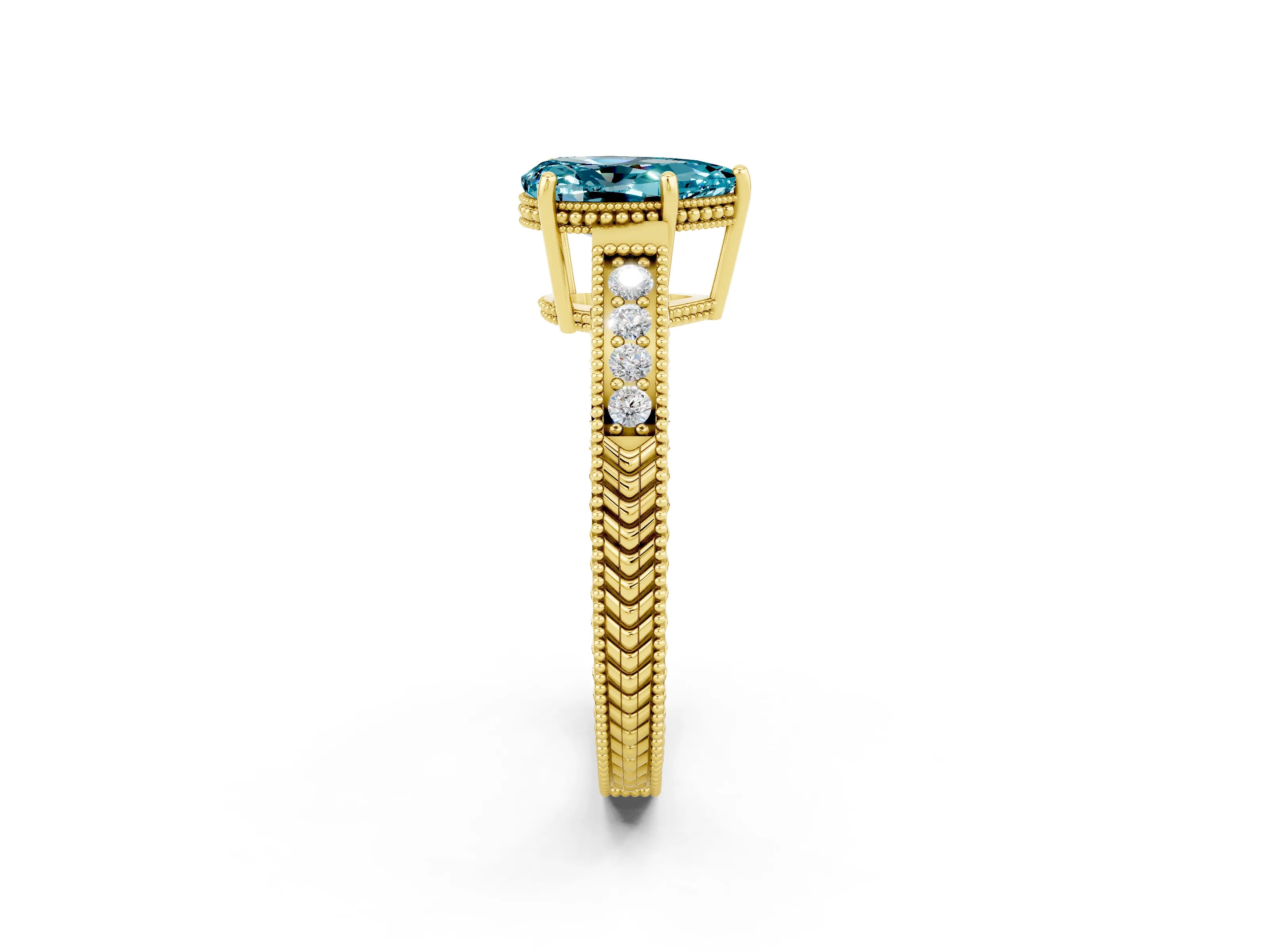Yellow gold Pear Cut Blue Topaz Ring with Milgrain Pavé Band and Four-Prong Setting_14