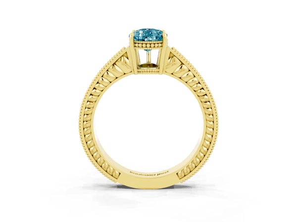 Yellow gold Pear Cut Blue Topaz Ring with Milgrain Pavé Band and Four-Prong Setting