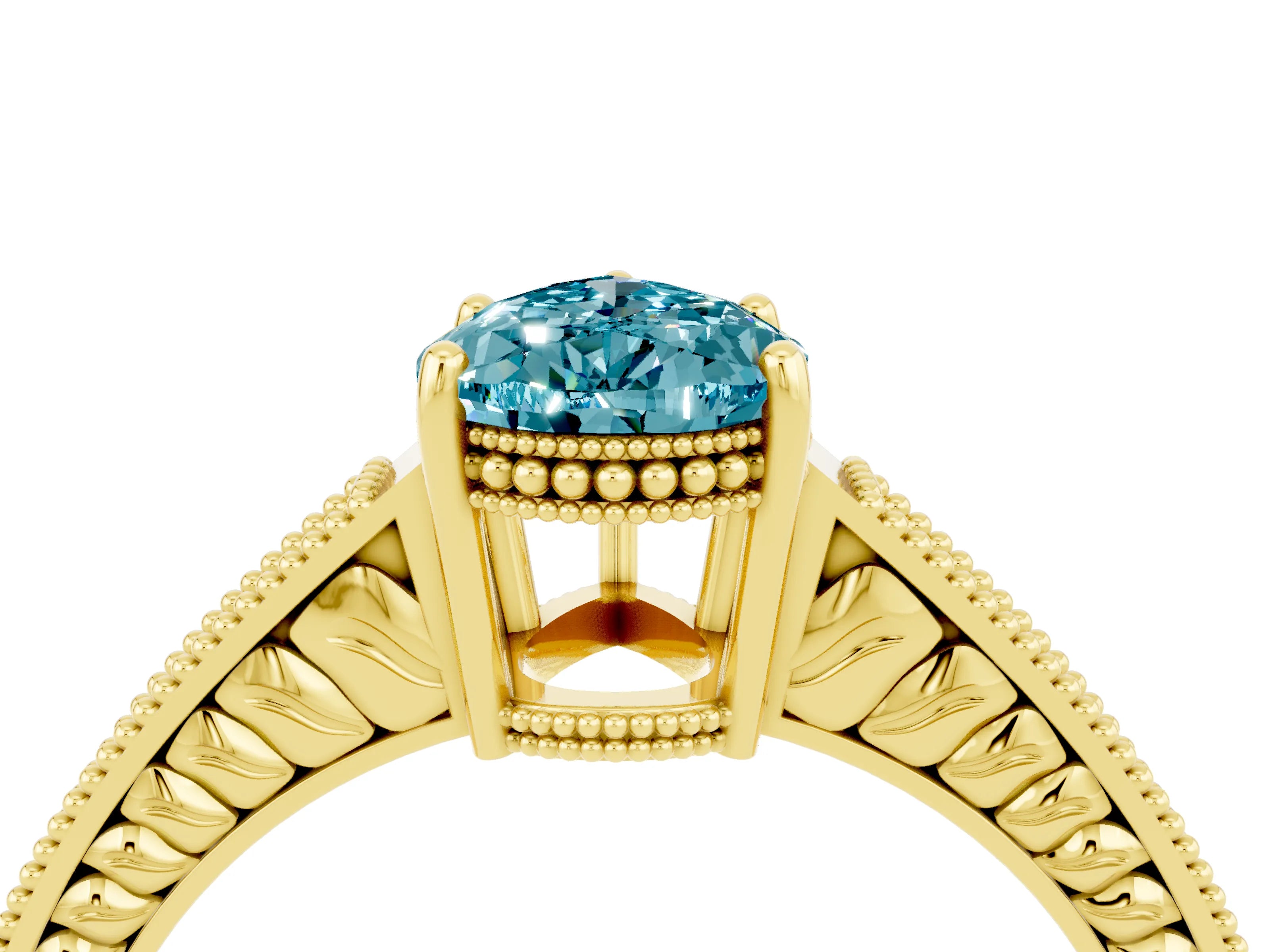 Yellow gold Pear Cut Blue Topaz Ring with Milgrain Pavé Band and Four-Prong Setting_16