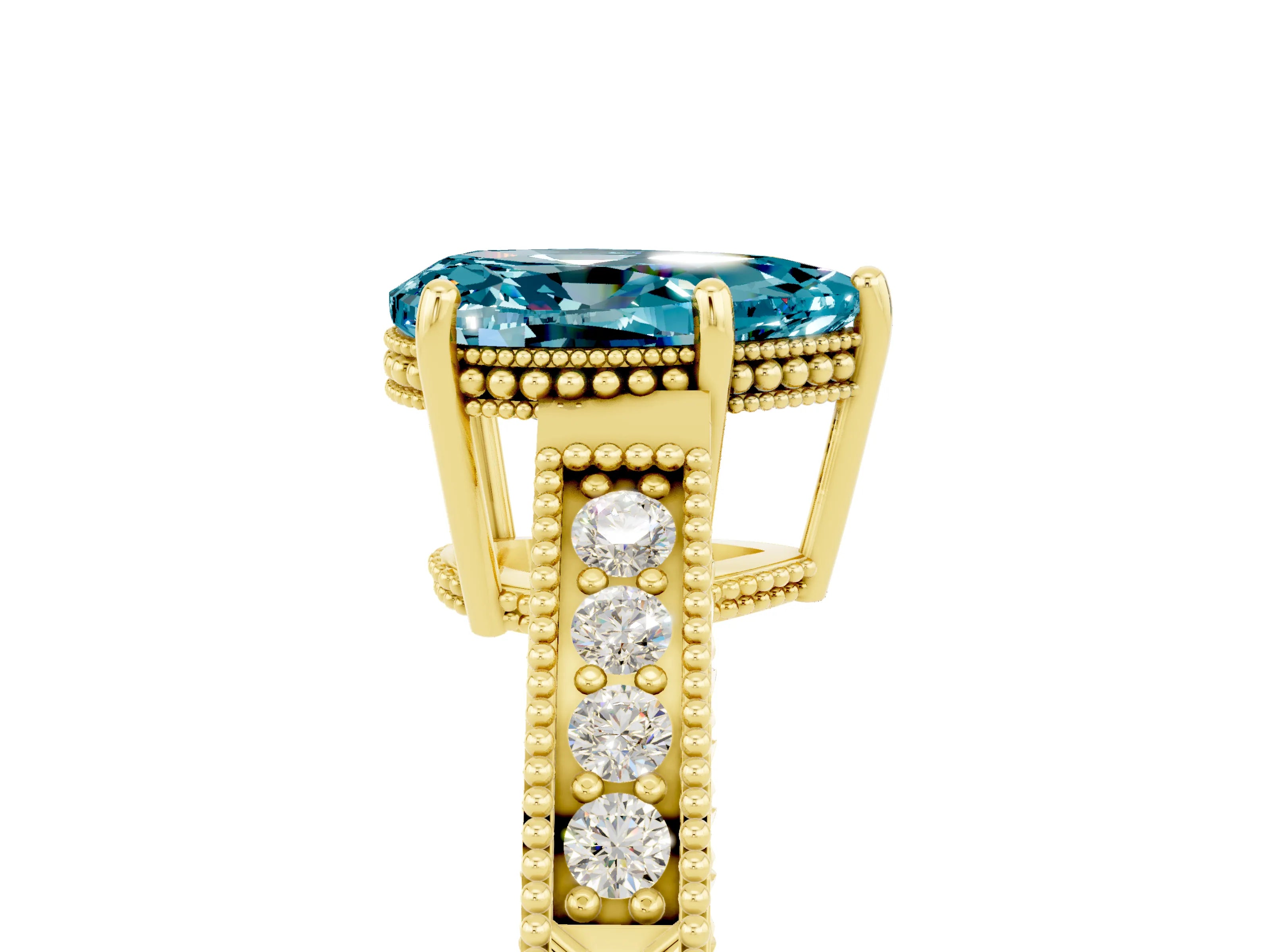 Yellow gold Pear Cut Blue Topaz Ring with Milgrain Pavé Band and Four-Prong Setting_17