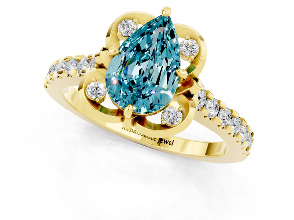 Yellow gold Pear Cut Blue Topaz Ring with Pavé Band and Floral Prong Setting