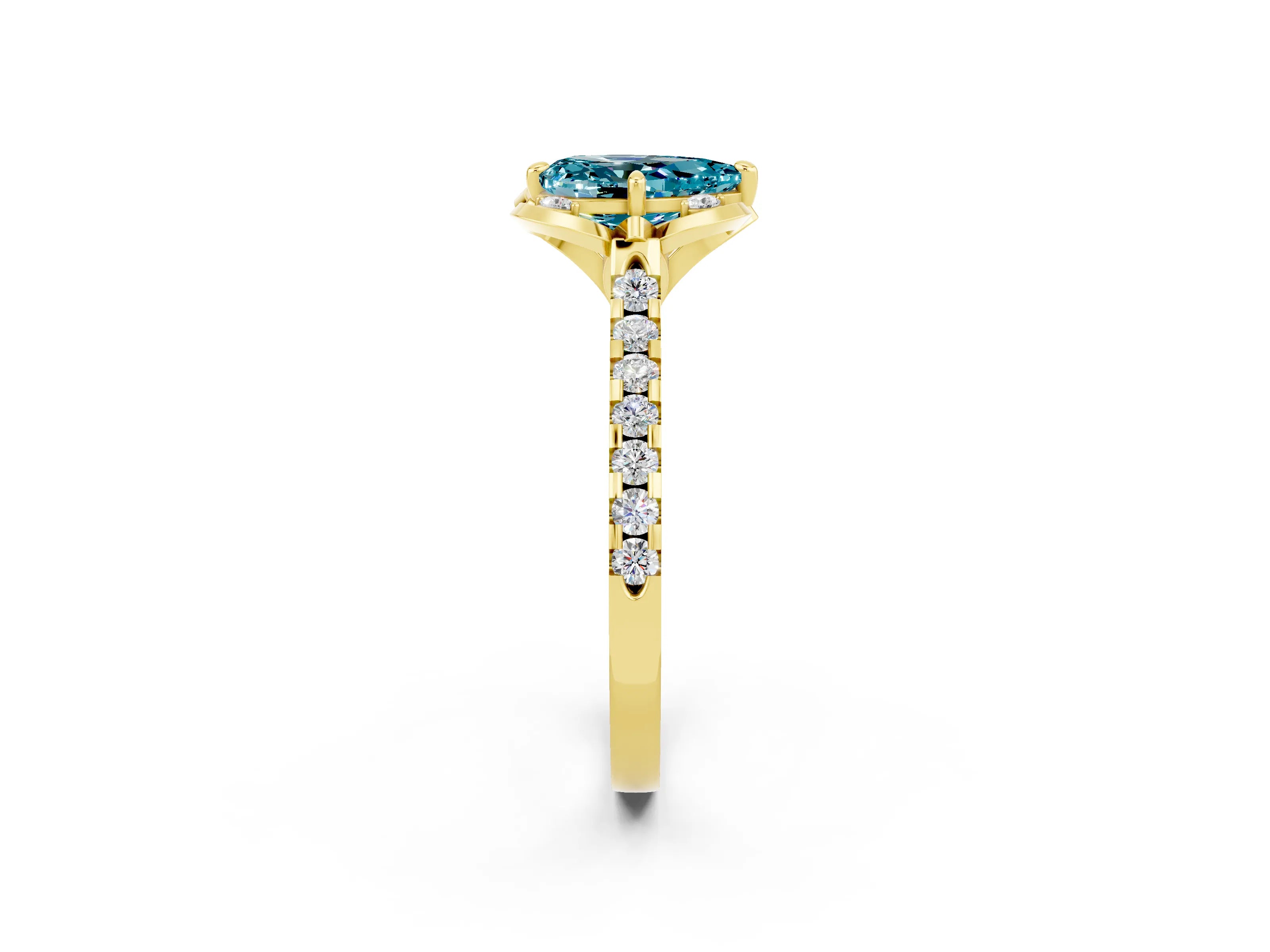 Yellow gold Pear Cut Blue Topaz Ring with Pavé Band and Floral Prong Setting_2