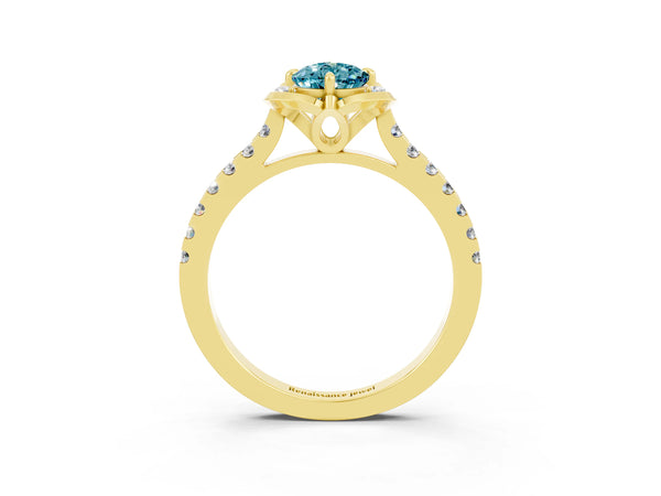 Yellow gold Pear Cut Blue Topaz Ring with Pavé Band and Floral Prong Setting