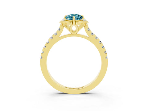 Yellow gold Pear Cut Blue Topaz Ring with Pavé Band and Floral Prong Setting_3