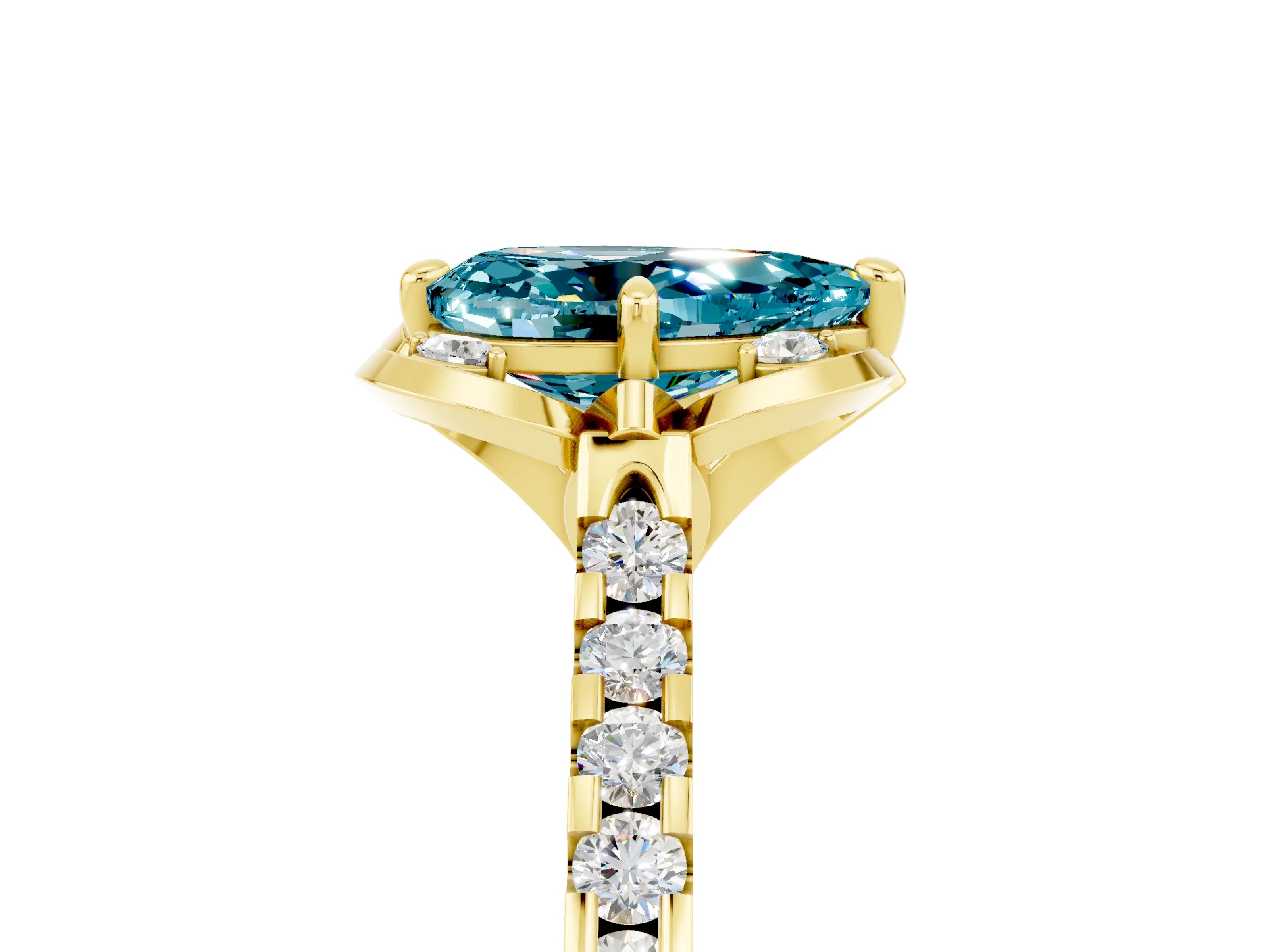 Yellow gold Pear Cut Blue Topaz Ring with Pavé Band and Floral Prong Setting_5