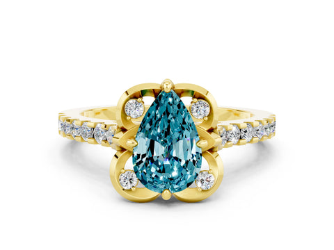 Yellow gold Pear Cut Blue Topaz Ring with Pavé Band and Floral Prong Setting