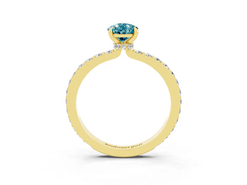 Yellow gold Pear Cut Blue Topaz Ring with Pavé Band and Four-Prong Setting_3