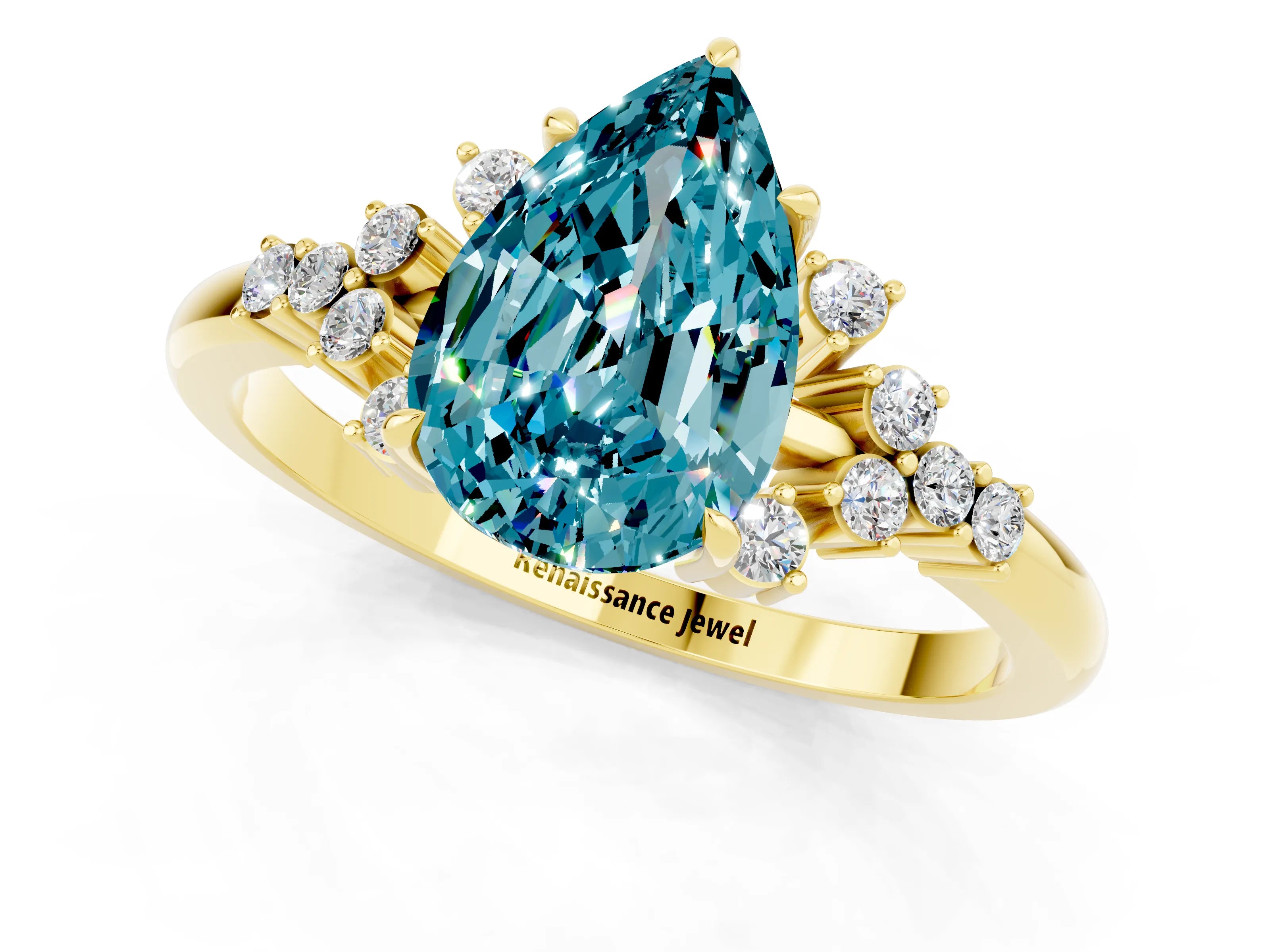 Yellow gold Pear Cut Blue Topaz Ring with Side Stones and Four-Prong Setting_37