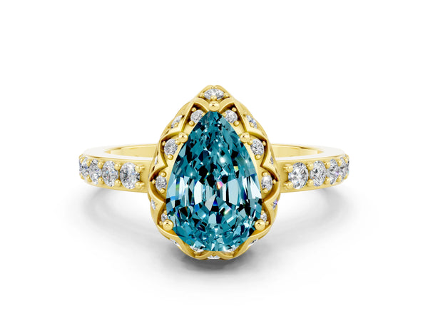 Yellow gold Pear Cut Blue Topaz Scalloped Halo Engagement Ring with Round Shared Prong Band