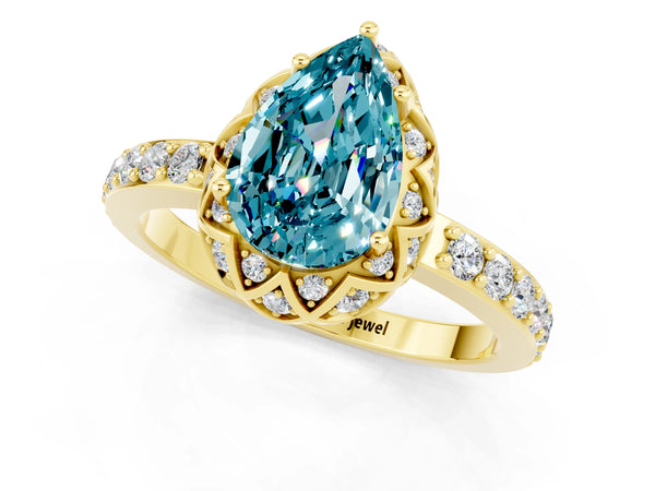 Yellow gold Pear Cut Blue Topaz Scalloped Halo Engagement Ring with Round Shared Prong Band