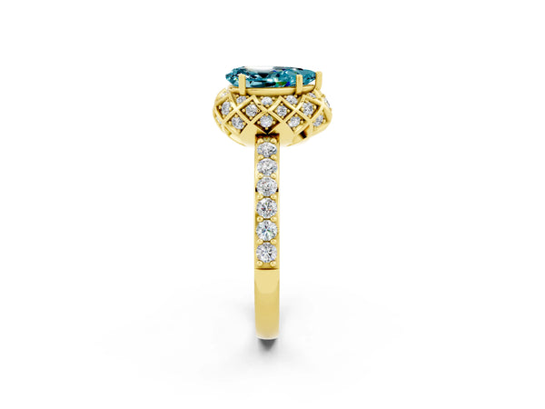 Yellow gold Pear Cut Blue Topaz Scalloped Halo Engagement Ring with Round Shared Prong Band