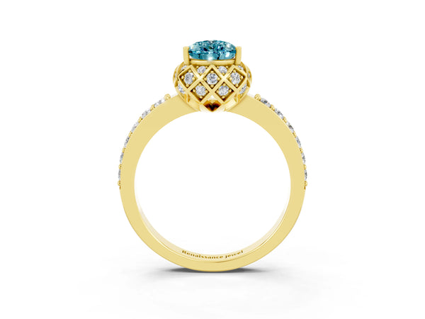 Yellow gold Pear Cut Blue Topaz Scalloped Halo Engagement Ring with Round Shared Prong Band