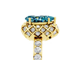Yellow gold Pear Cut Blue Topaz Scalloped Halo Engagement Ring with Round Shared Prong Band_29
