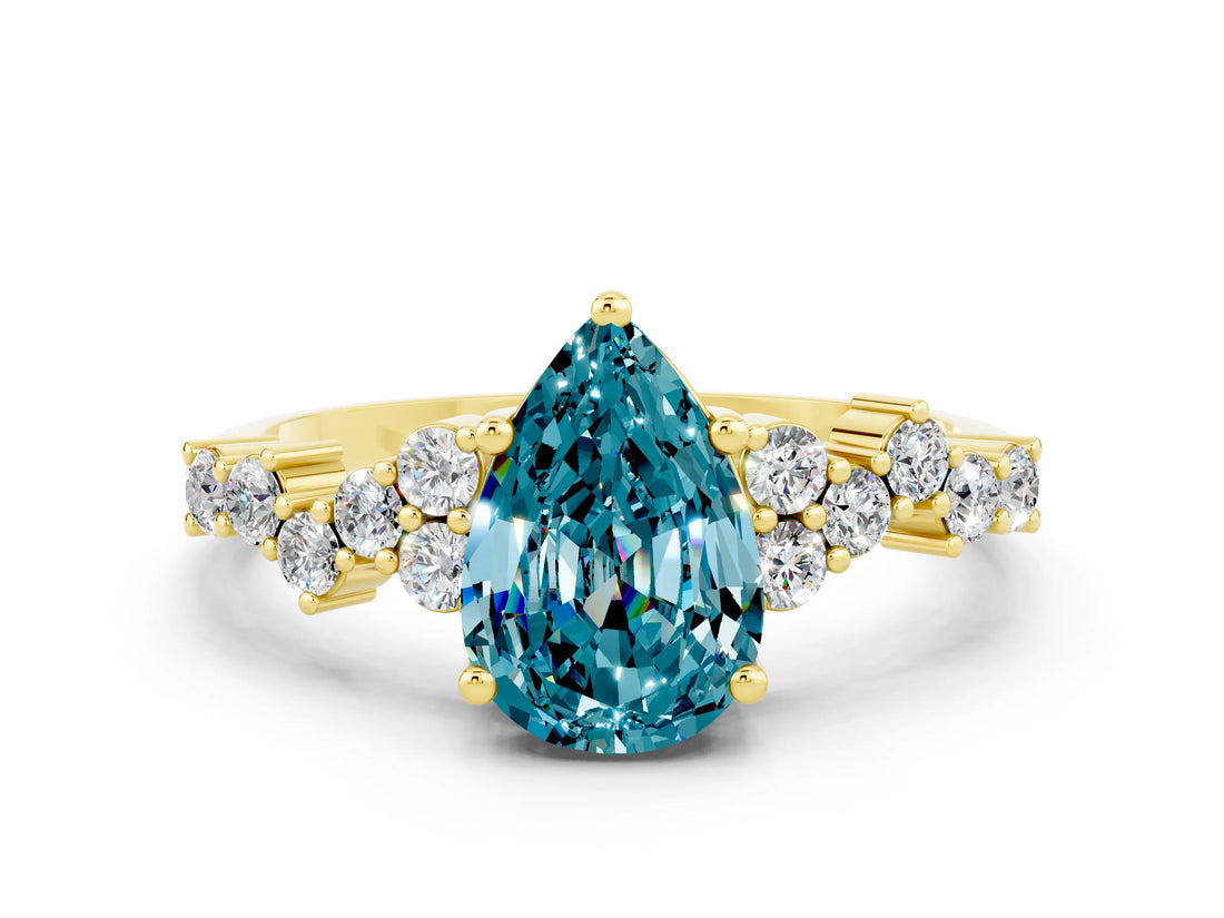 Yellow gold Pear Cut Blue Topaz Scattered Round Accent Ring with Prong Setting_12