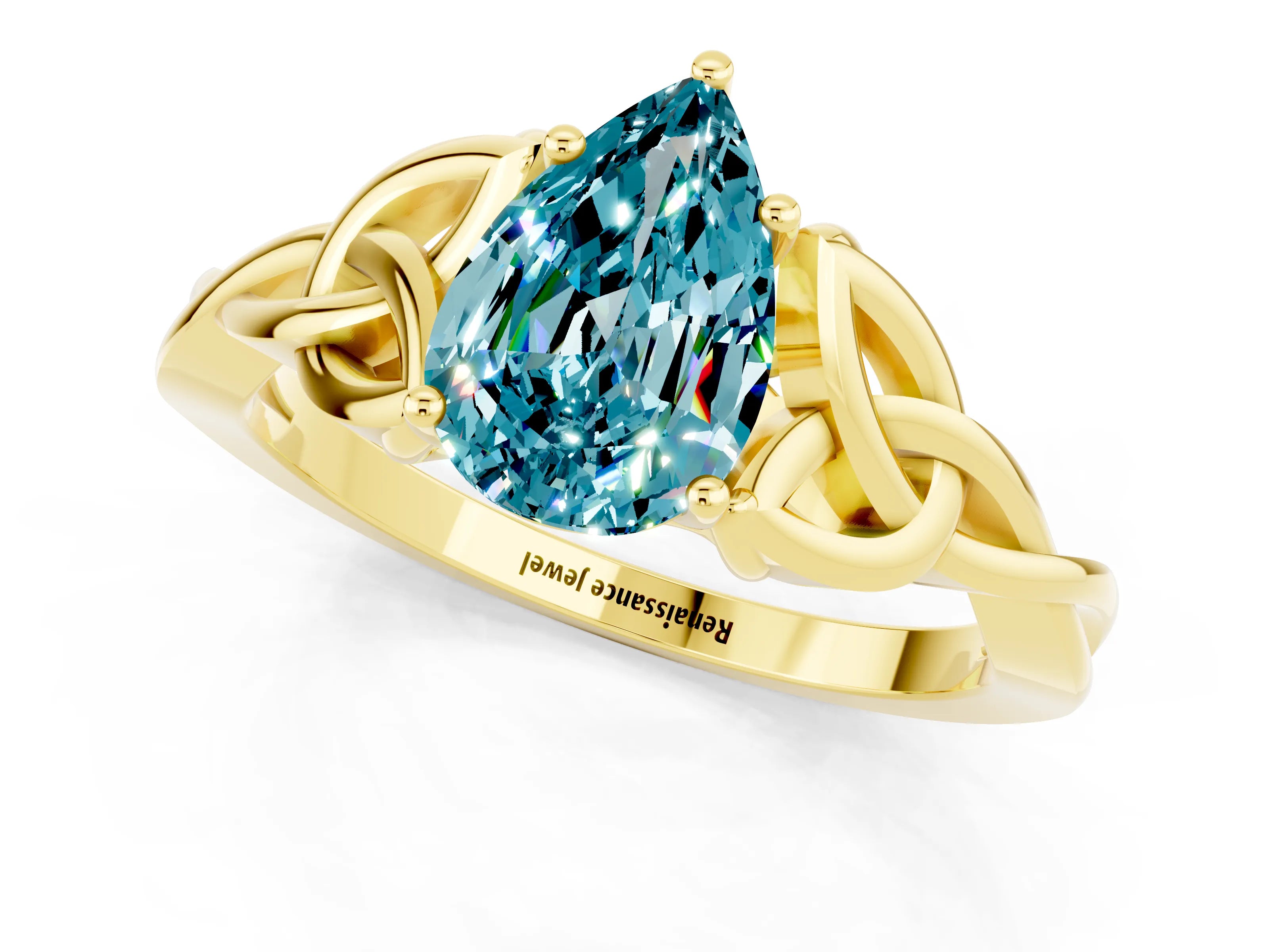 Yellow gold Pear Cut Blue Topaz Solitaire Celtic Knot Ring with Four-Prong Setting_13